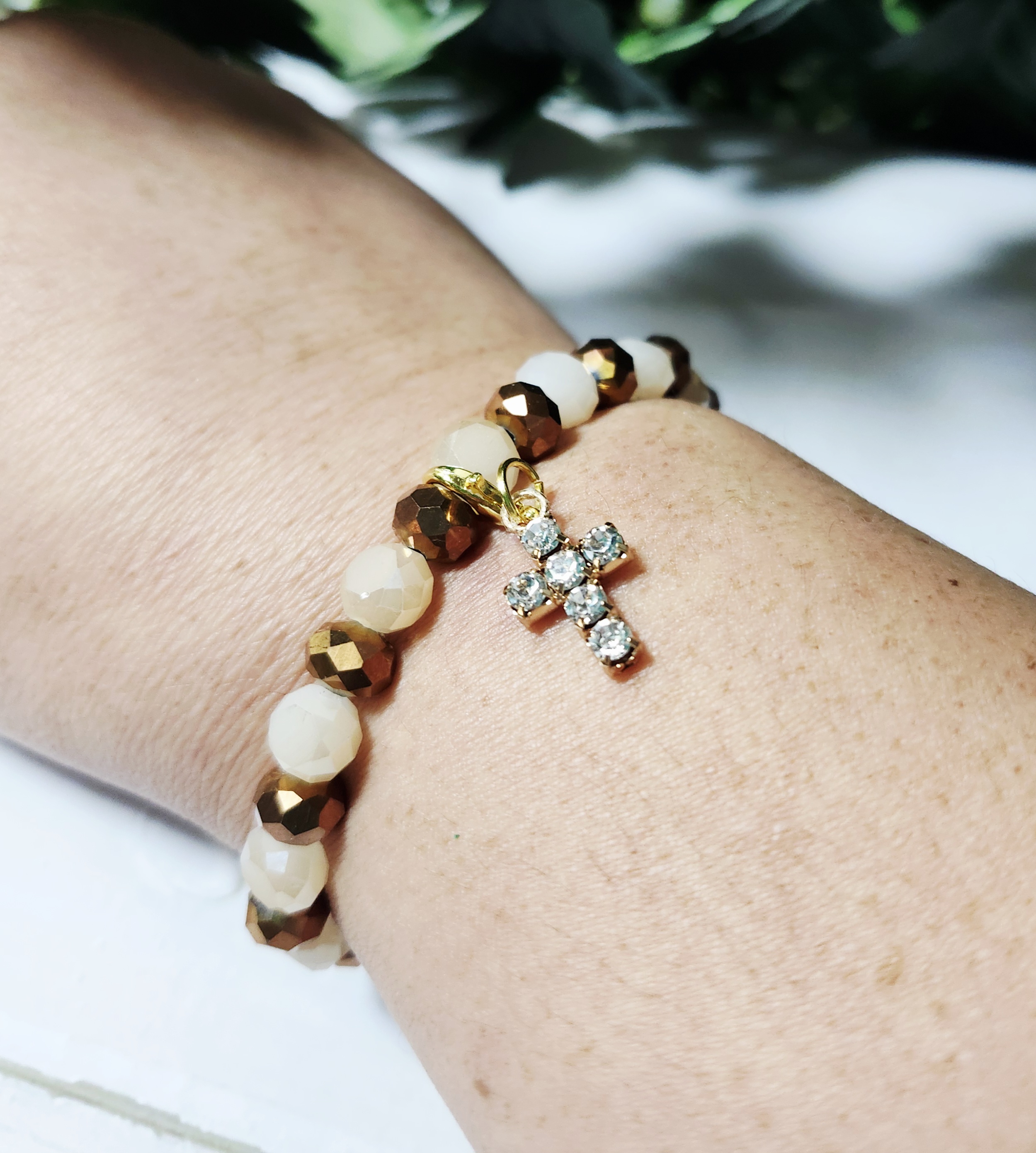 "Carol" Brown and Beige Beaded Bracelet with Crystal Cross