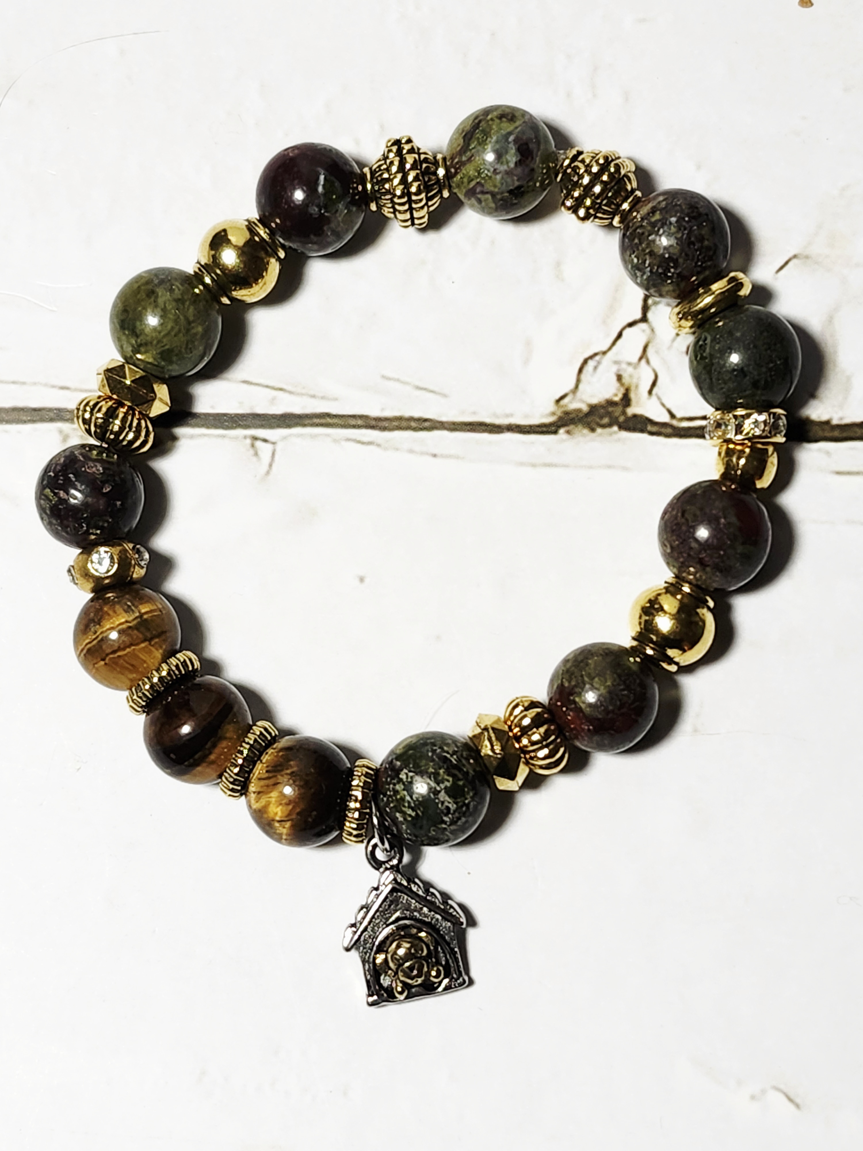 "Jillian" Natural Stone Beaded Bracelet with Dog House Charm