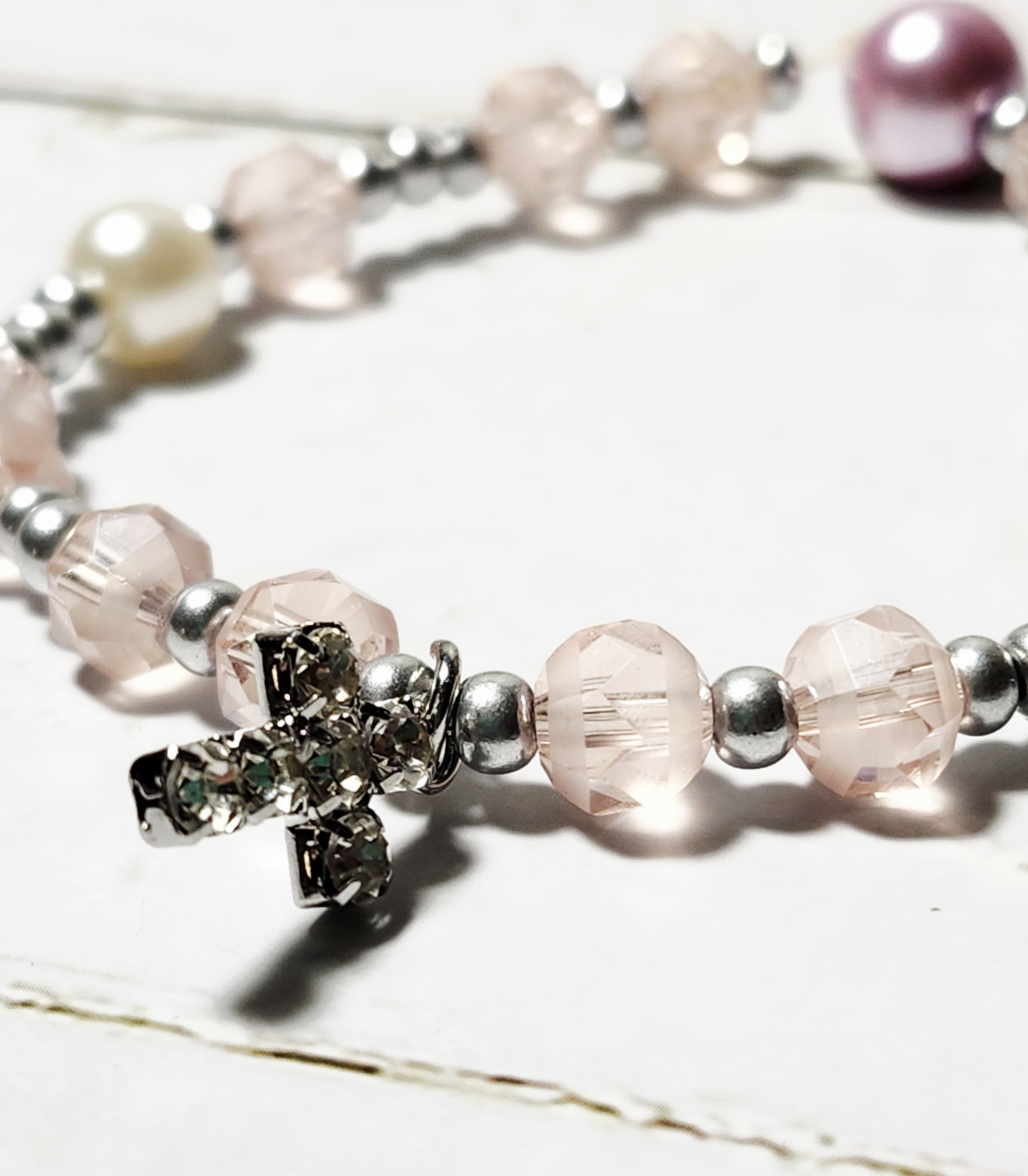 "Stacey" Pink Crystal Beaded Bracelet with Cross Charm