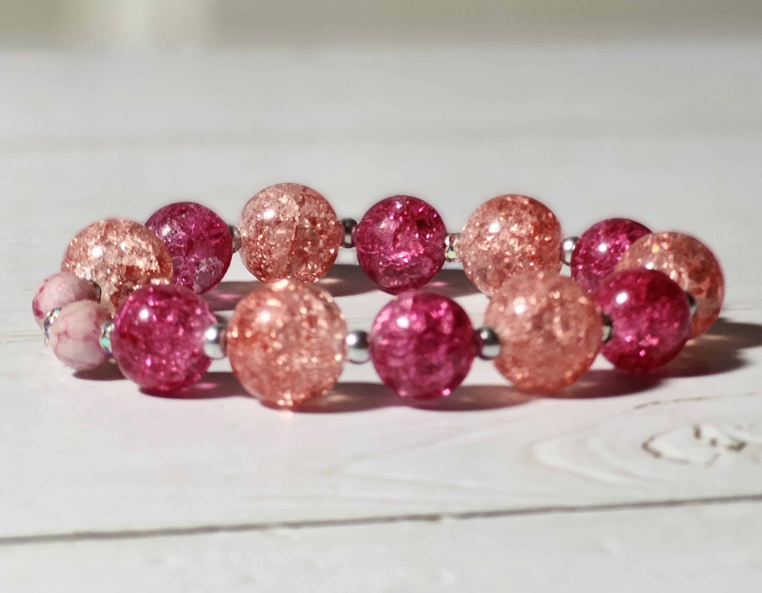 "Erica" Pink and Rose Crackle Glass Bead Bracelet