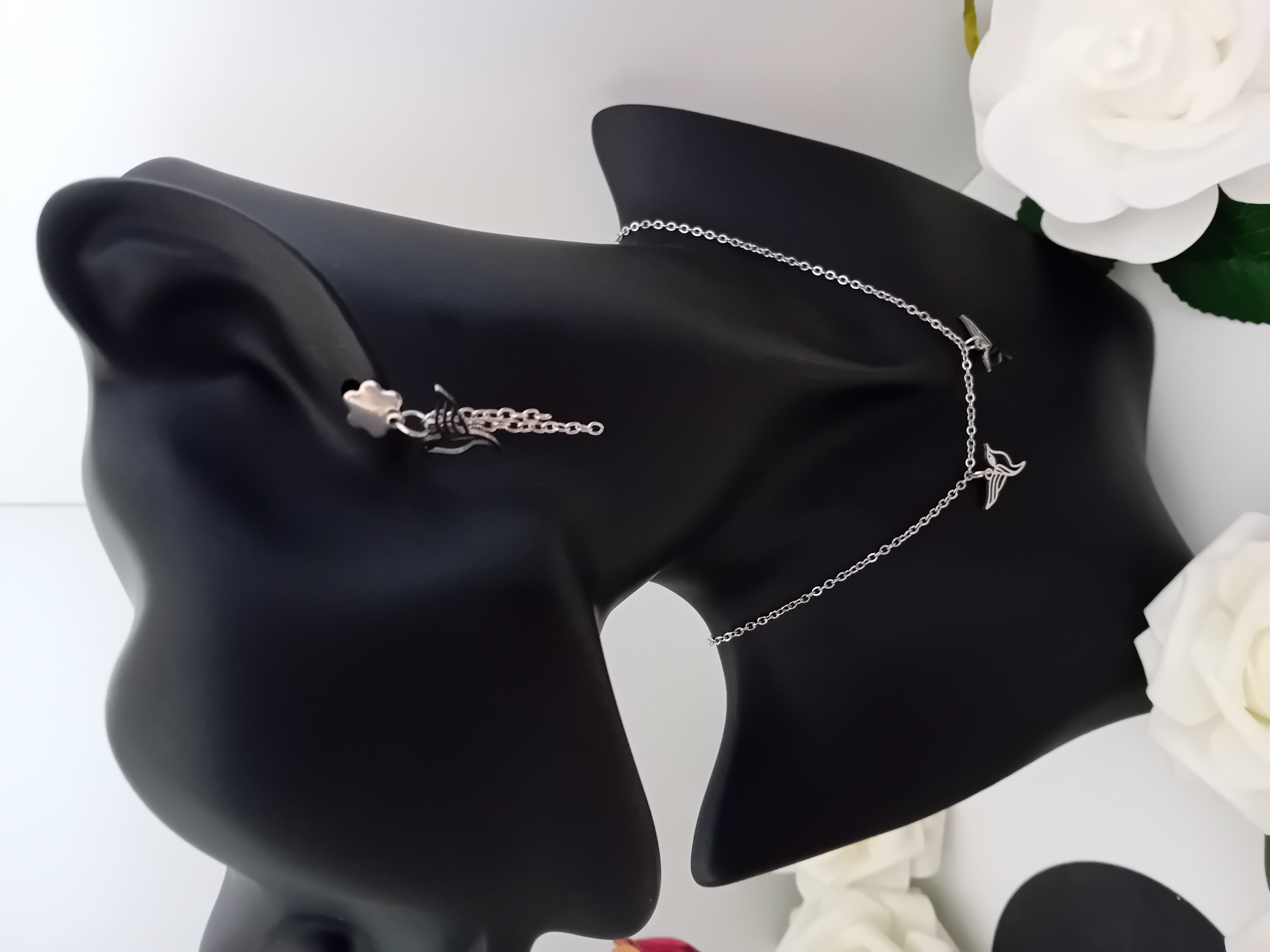 Ensemble Collier et boucle d'oreille argentés avec motifs d'oiseau COLIBRI