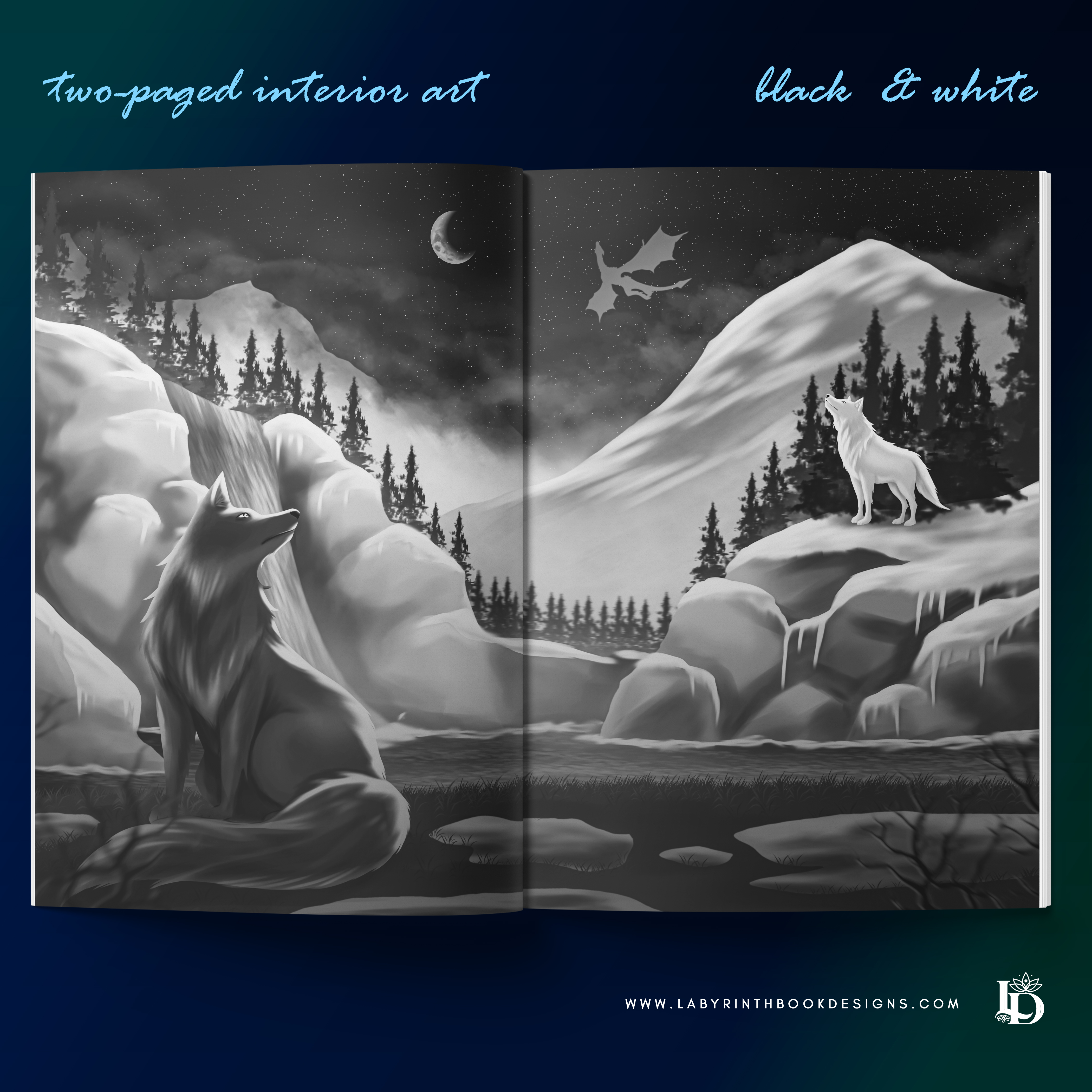 Two-paged Interior Art - Northern Winter Wolf Scene