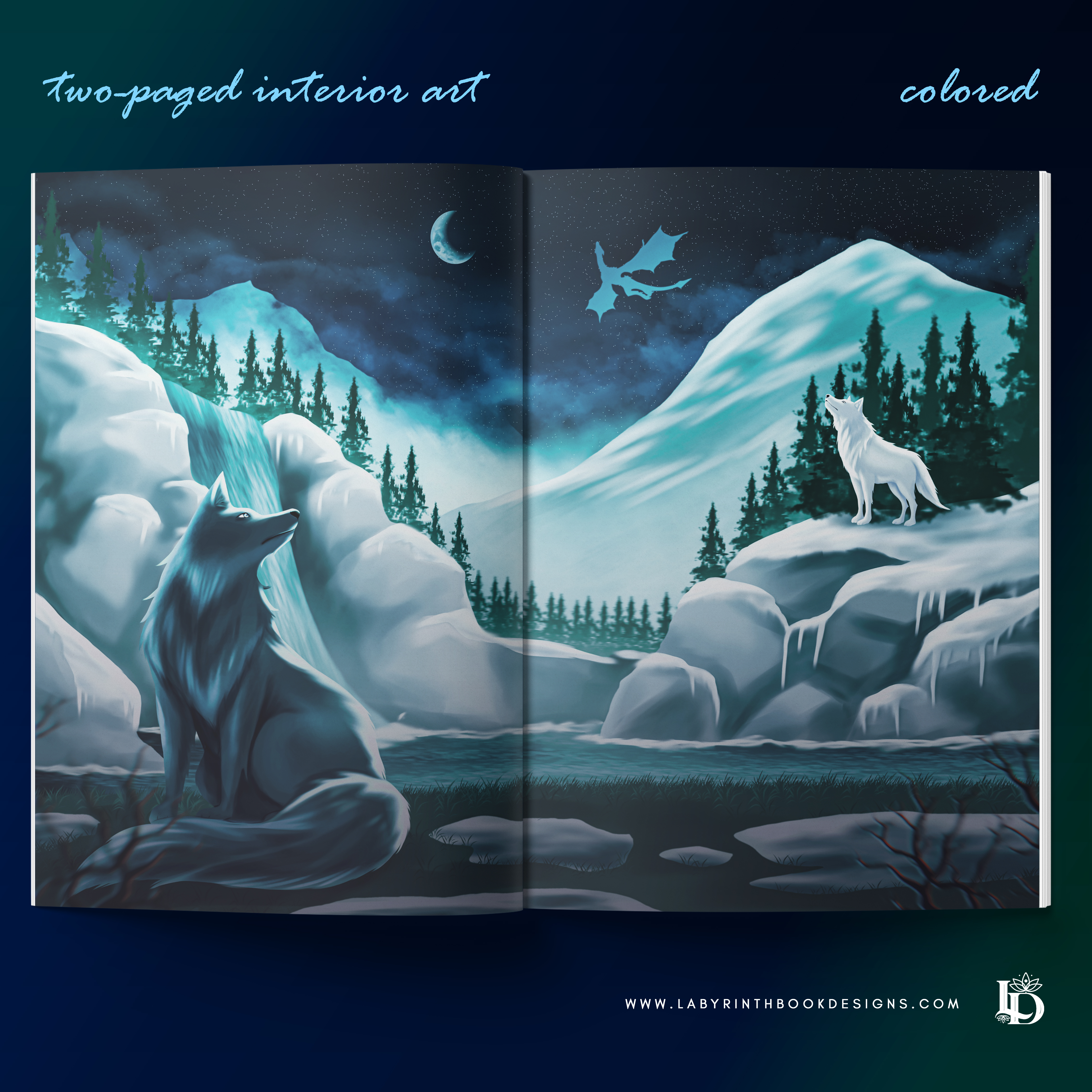 Two-paged Interior Art - Northern Winter Wolf Scene