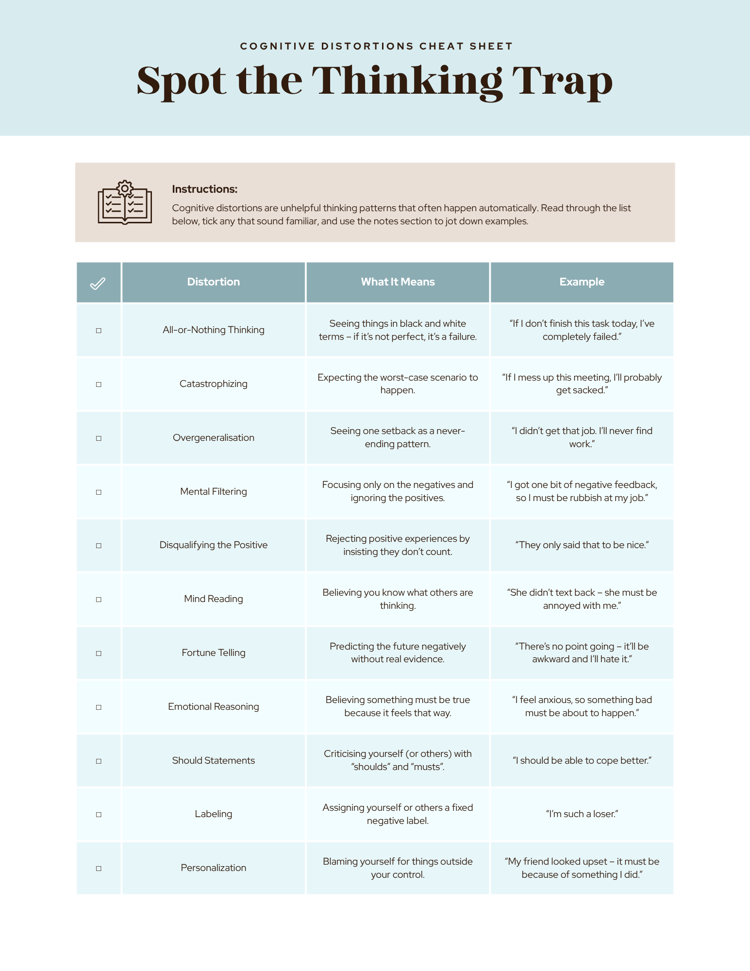 Cognitive Behavioral Therapy Worksheets