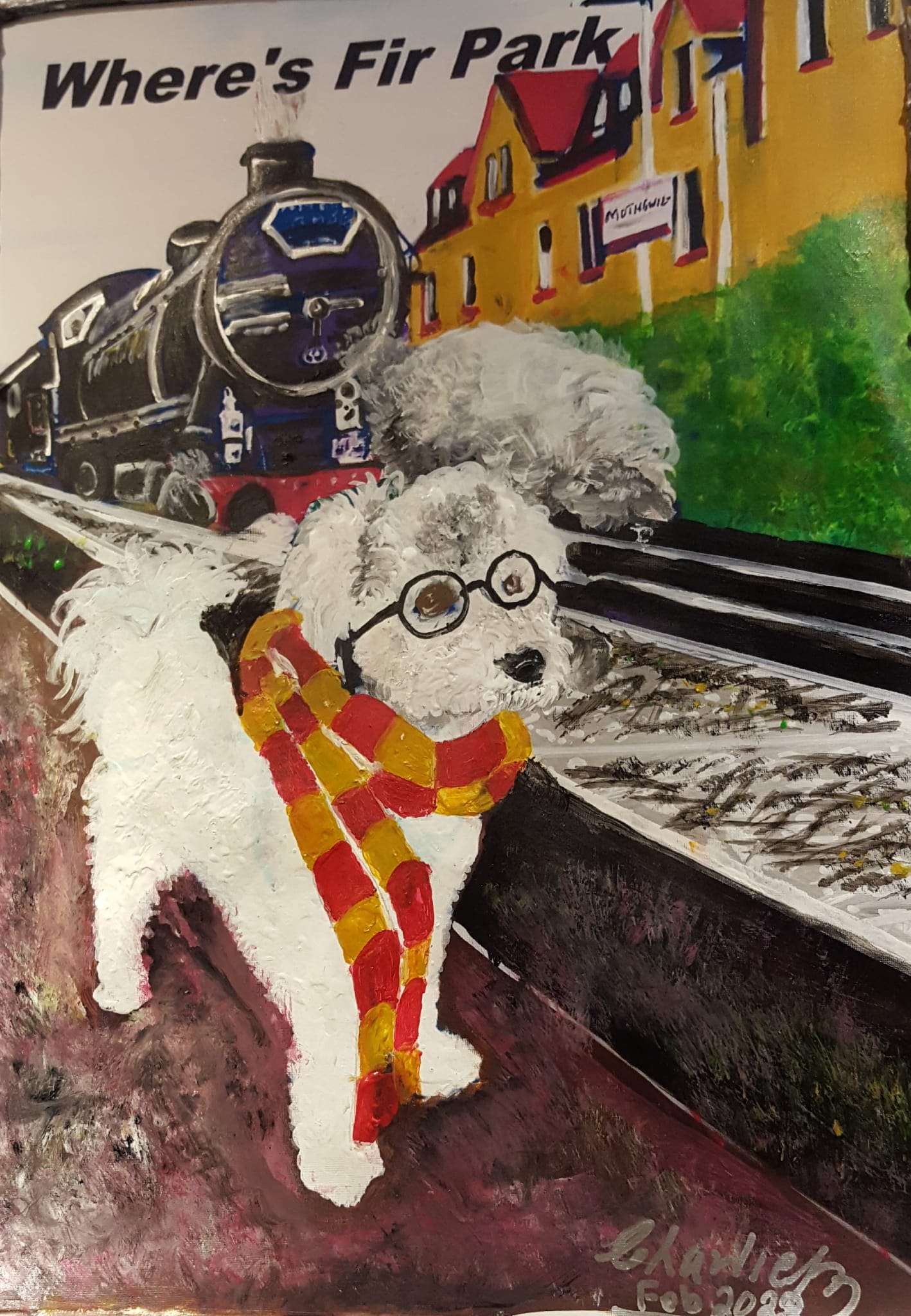 Hand-Painted Dog on a Train Station Canvas lookin for Fir Park Motherwell 