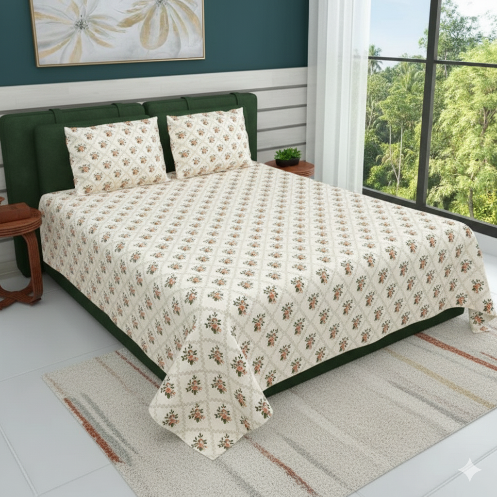 White & Green Floral Super King Bedsheet Set – 220 TC Cotton Flat Sheet with 2 Pillow Covers