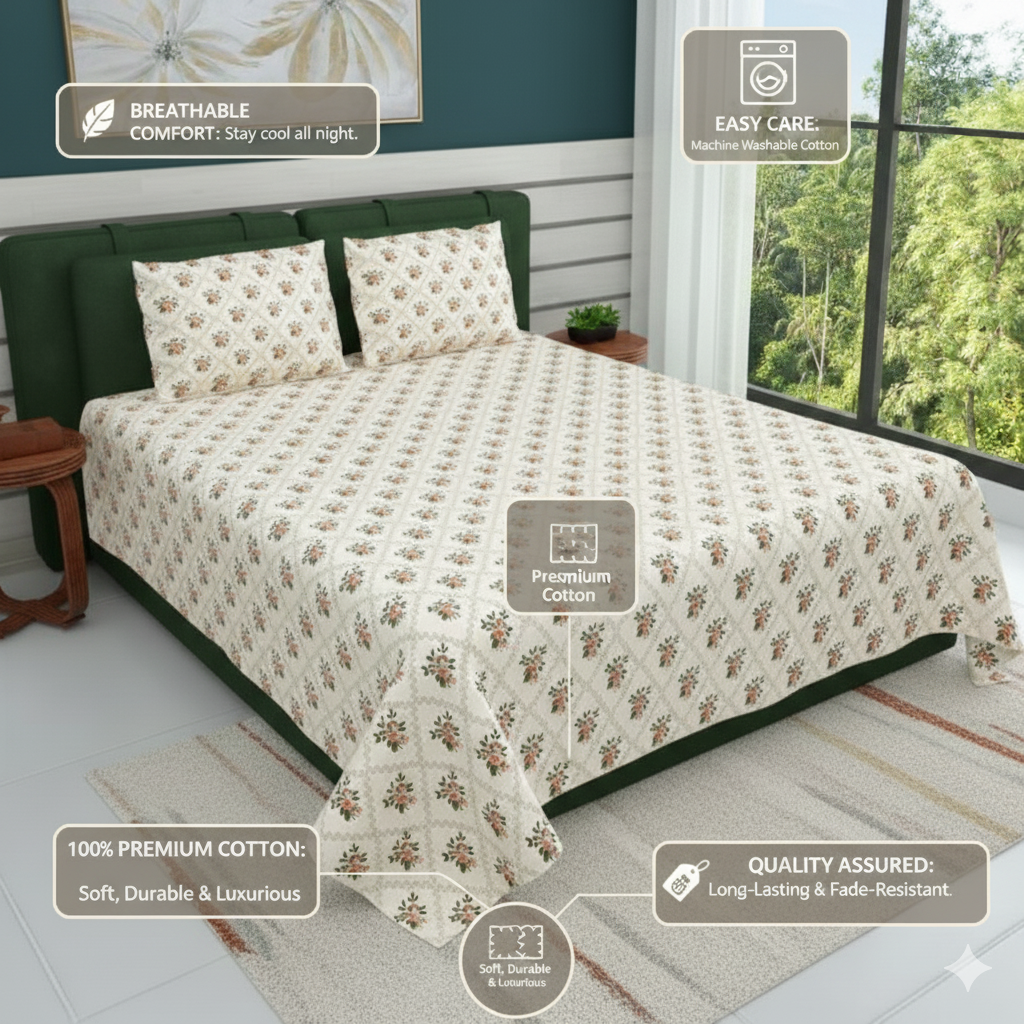 White & Green Floral Super King Bedsheet Set – 220 TC Cotton Flat Sheet with 2 Pillow Covers