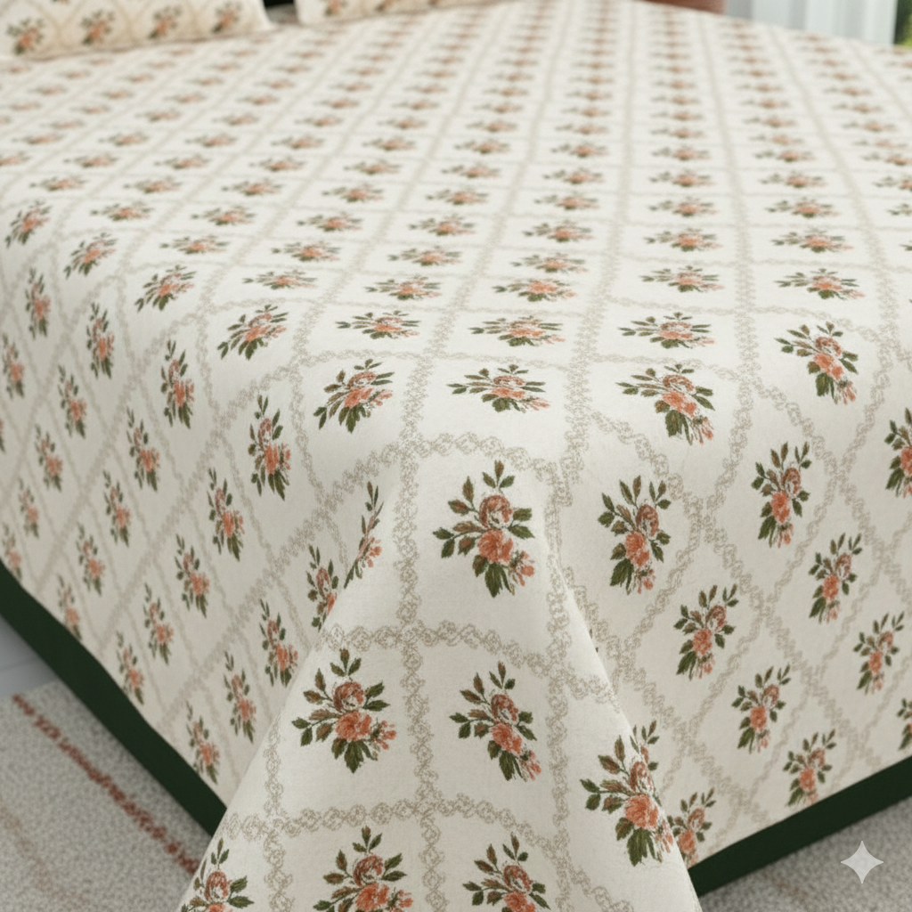 White & Green Floral Super King Bedsheet Set – 220 TC Cotton Flat Sheet with 2 Pillow Covers