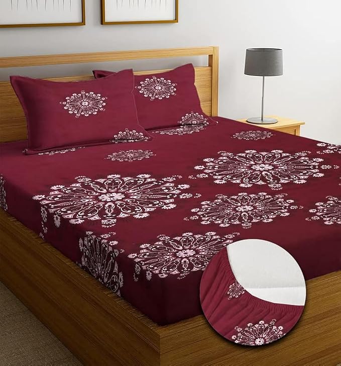 Elegant Maroon Floral King Bed Sheet with 2 Pillow Covers