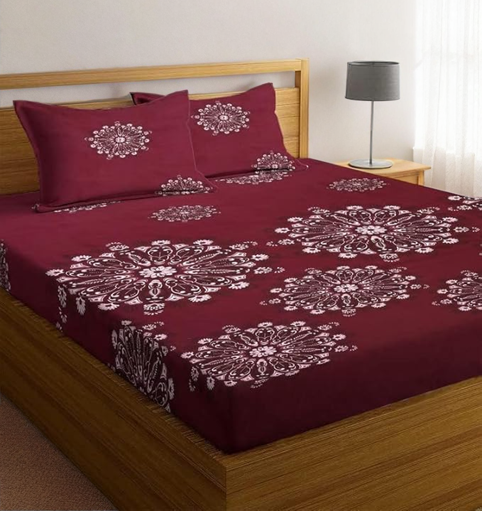 Elegant Maroon Floral King Bed Sheet with 2 Pillow Covers