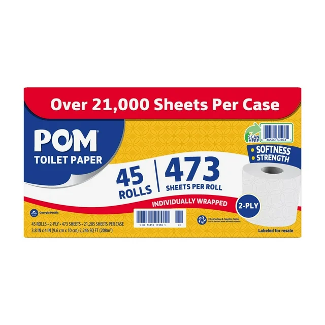 POM Toilet Paper, 2-Ply, 45 Rolls