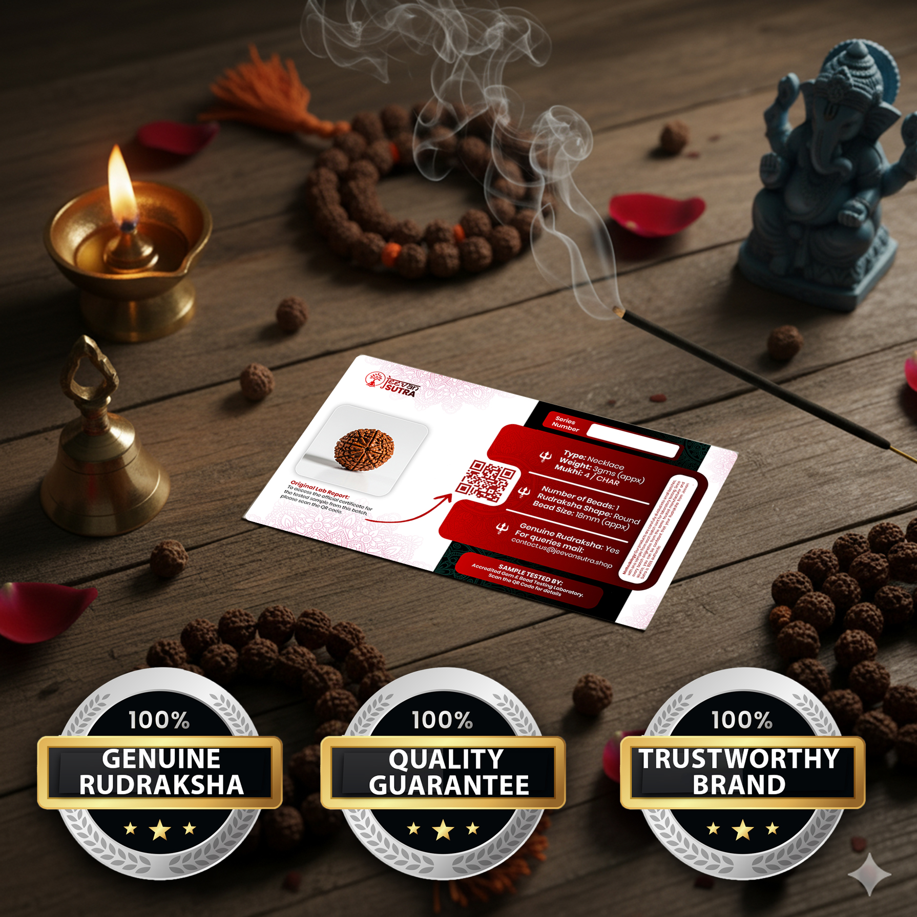 4 Mukhi Mantra Siddha Nepali Rudraksha - Lab Certified