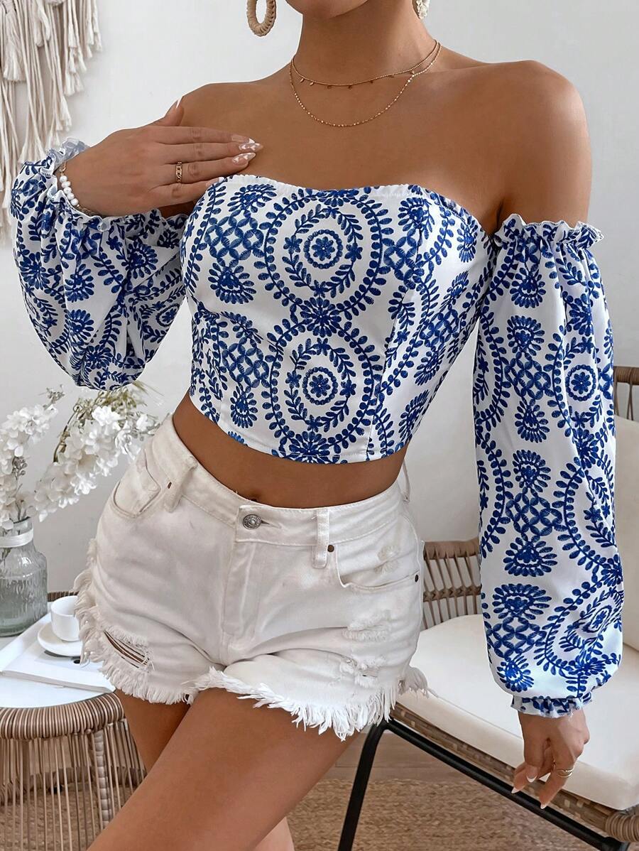 Blusa de manga larga con estampado azul