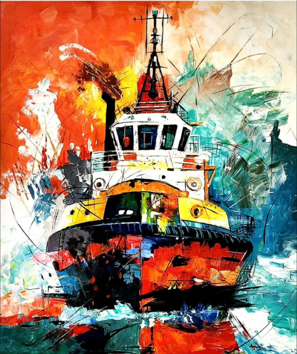 Abstract Colorful Tugboat Painting
