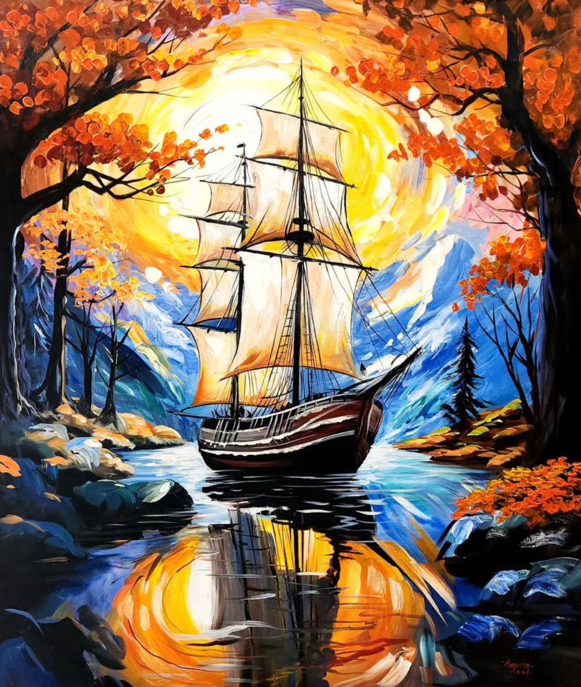 Autumn Sunset Sailboat Canvas Art
