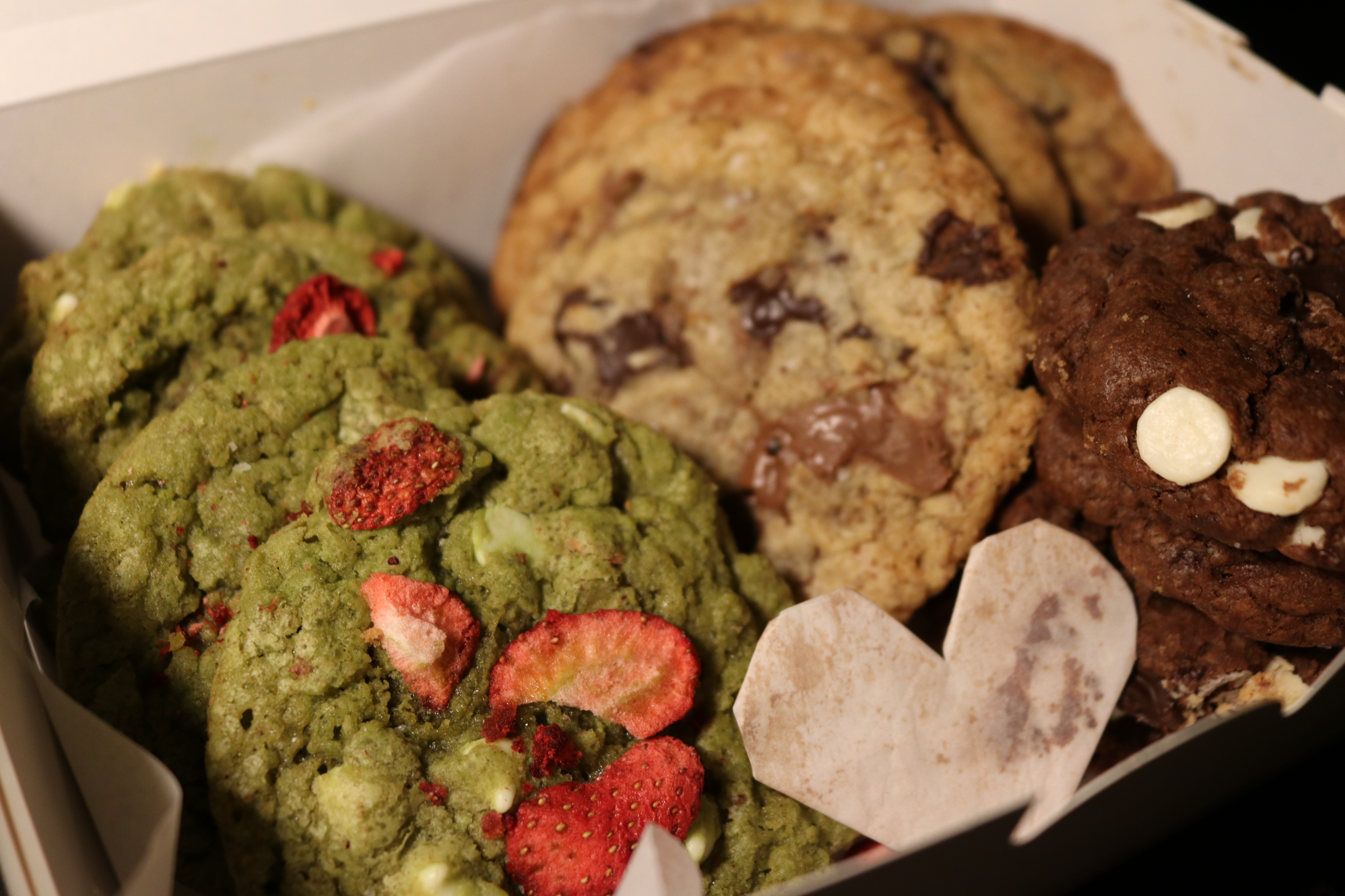 strawberry white chocolate matcha cookie