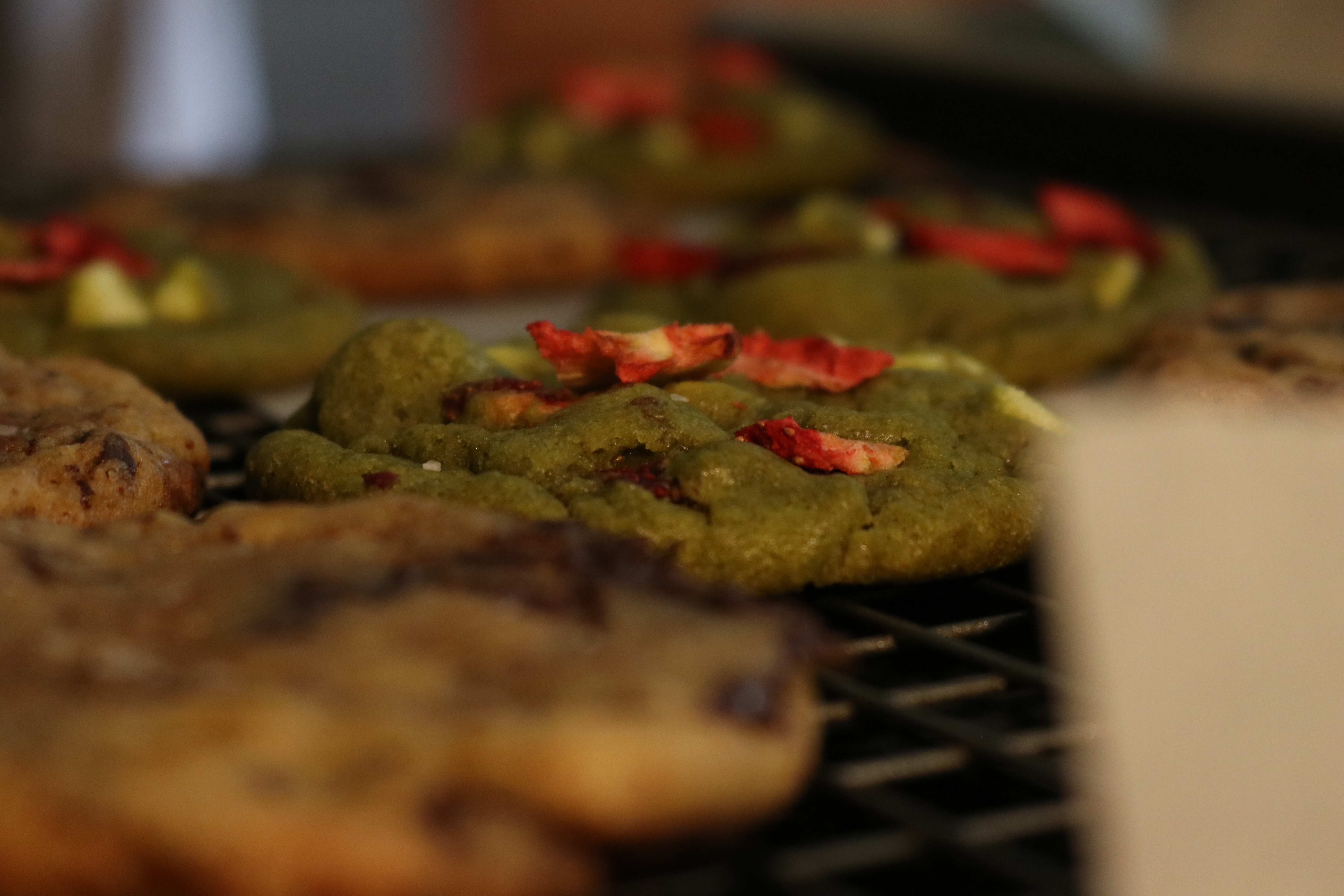 strawberry white chocolate matcha cookie