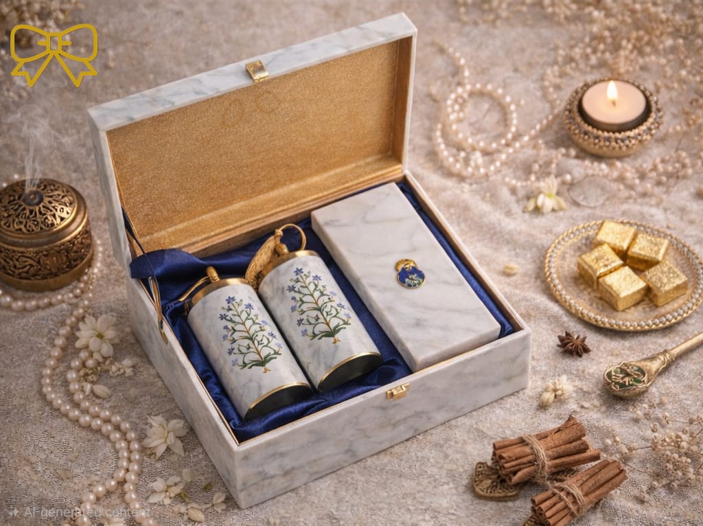 Marble Finish Gift Box with Floral Inlay Design, Grey White Stone Effect with Gold Clasp