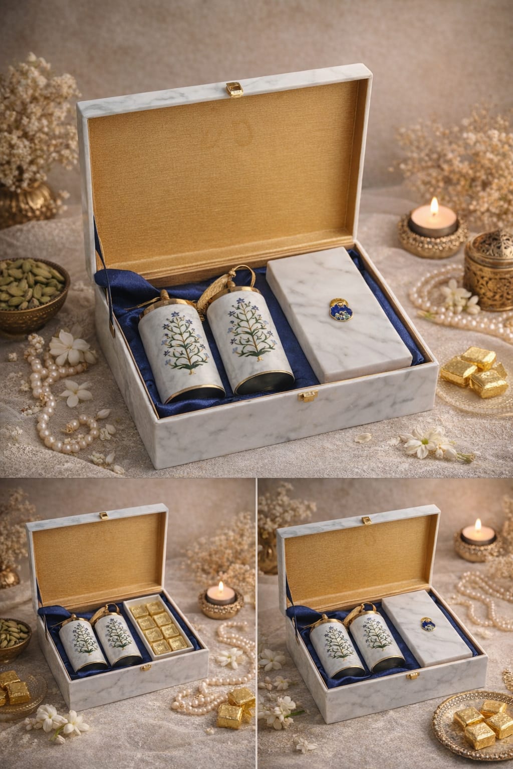 Marble Finish Gift Box with Floral Inlay Design, Grey White Stone Effect with Gold Clasp