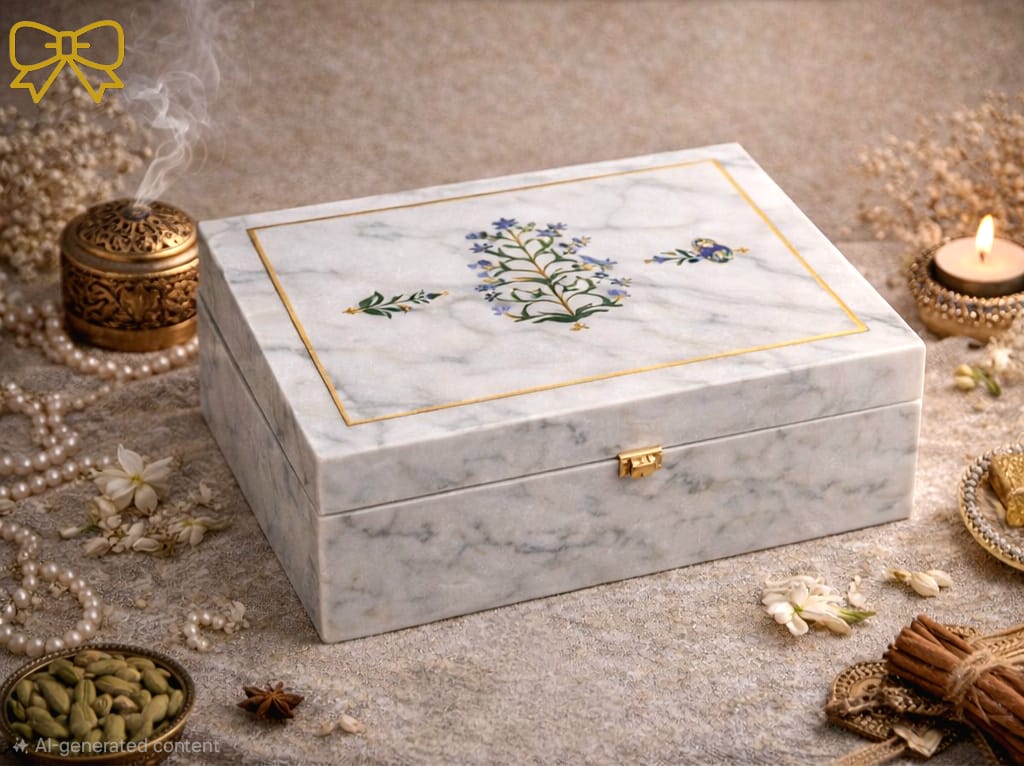 Marble Finish Gift Box with Floral Inlay Design, Grey White Stone Effect with Gold Clasp