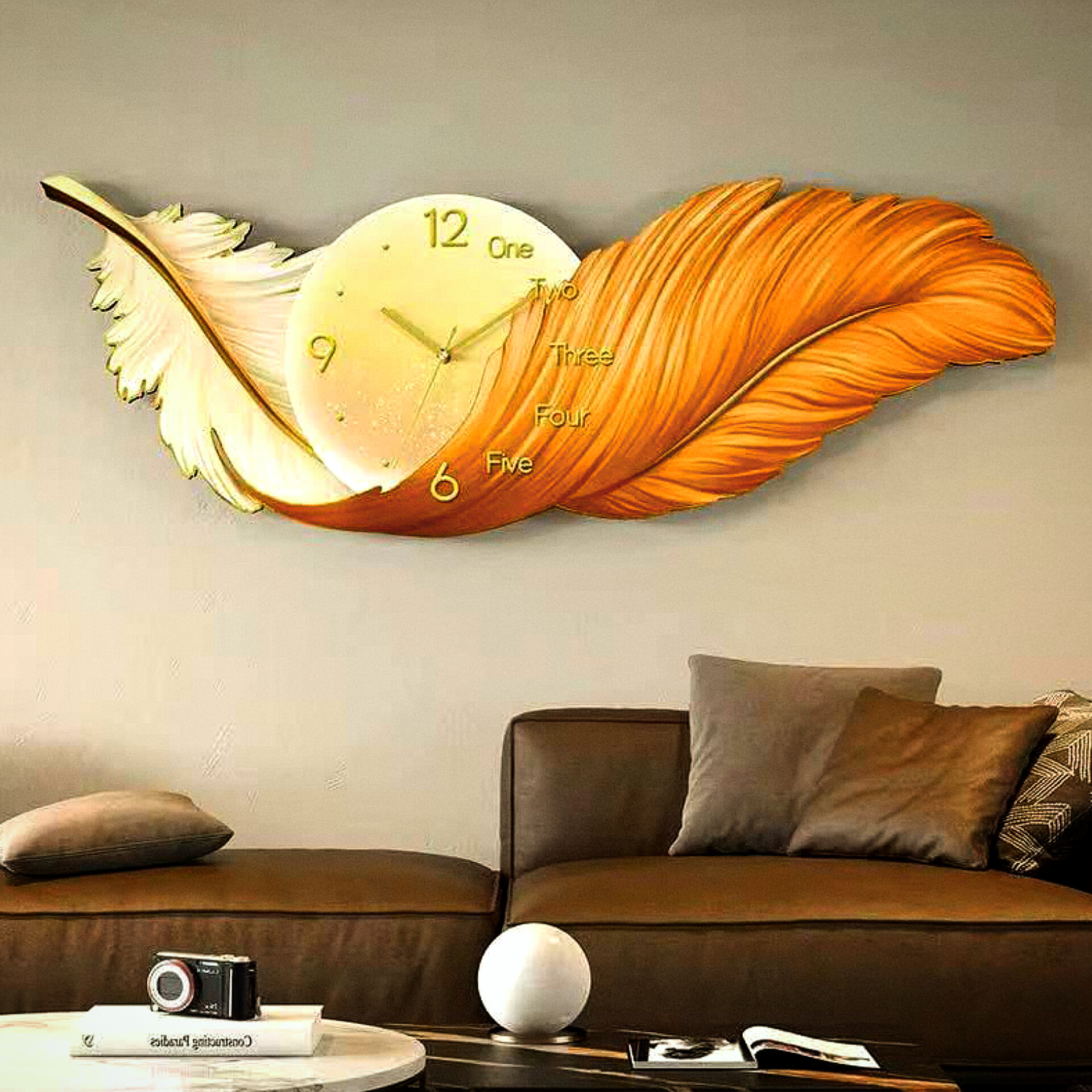 Modern luxury feather big wall art clock