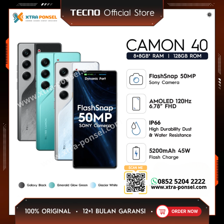 TECNO CAMON 40 8+8GB*128 GB, 50MP Sony + 8MP Ultra Wide Camera, 32MP Front Camera