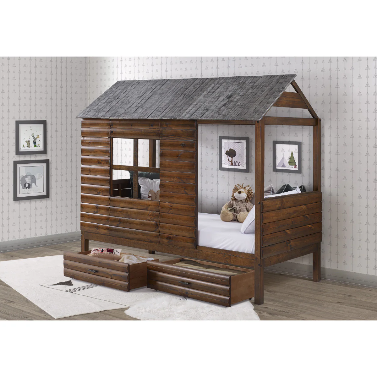 Donco 2103 Twin Log Cabin Low Loft in Rustic Walnut/ Silver with Dual Underbed Storage