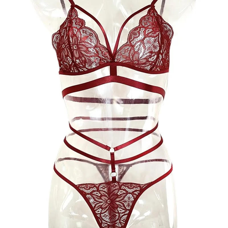 Crimson Caged Desire - Strappy Set