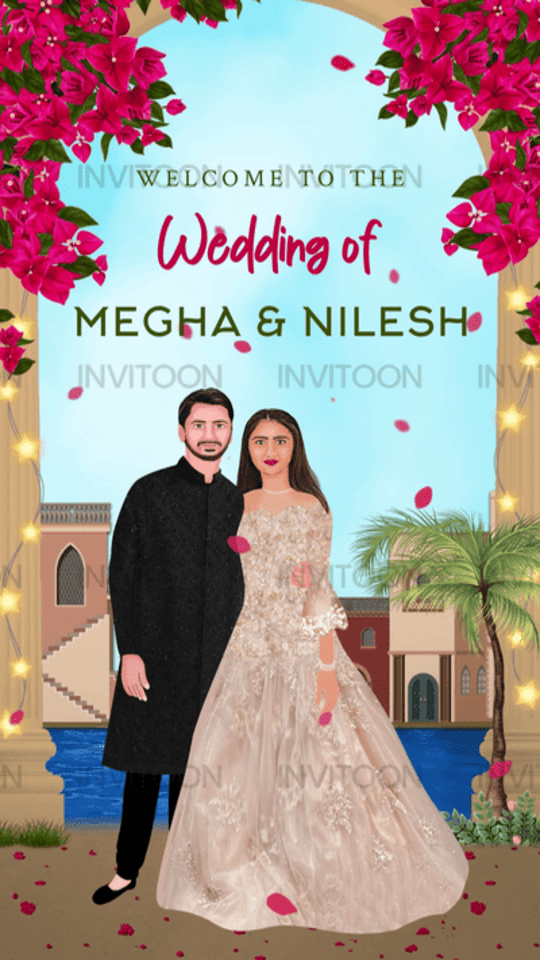 Couple Caricature Wedding Invitation | Mughal Arch Floral Video, Design No 1036