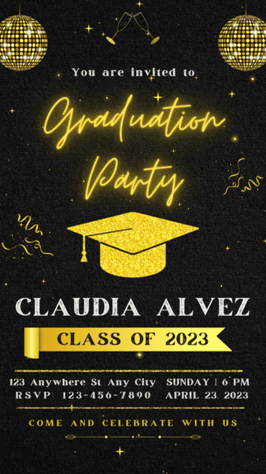 Black and Golden Graduation Party Video Invitation, Design No 1004
