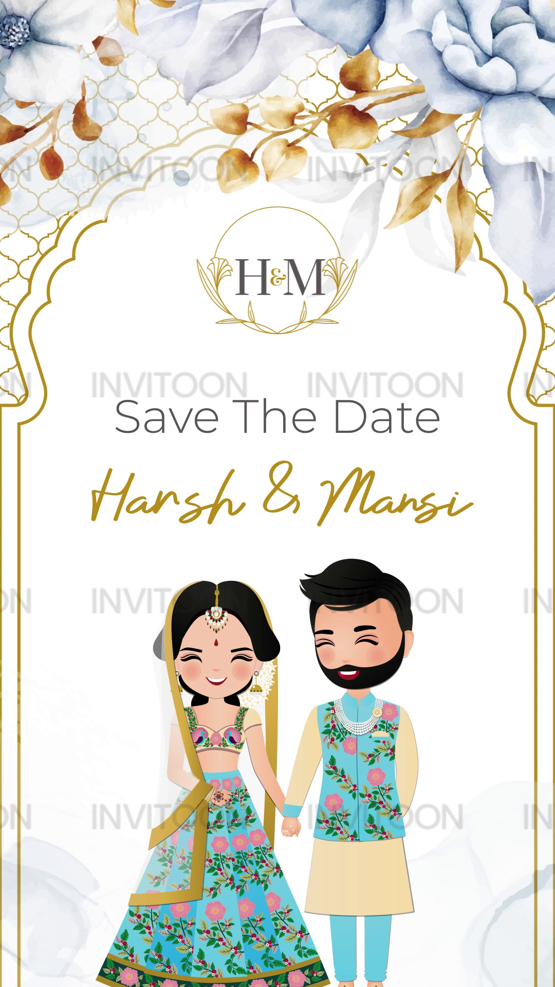 Save The Date Video Invitation | Blue Theme Couple Caricature Design, Design No 1070
