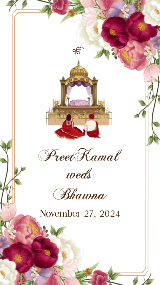 Sikh Wedding Floral Video Invitation | Personalized Wedding E-Invite, Design No 1064