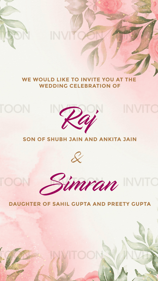 Elegant Watercolor Indian Floral Wedding Video Invitation,  Design No 1019