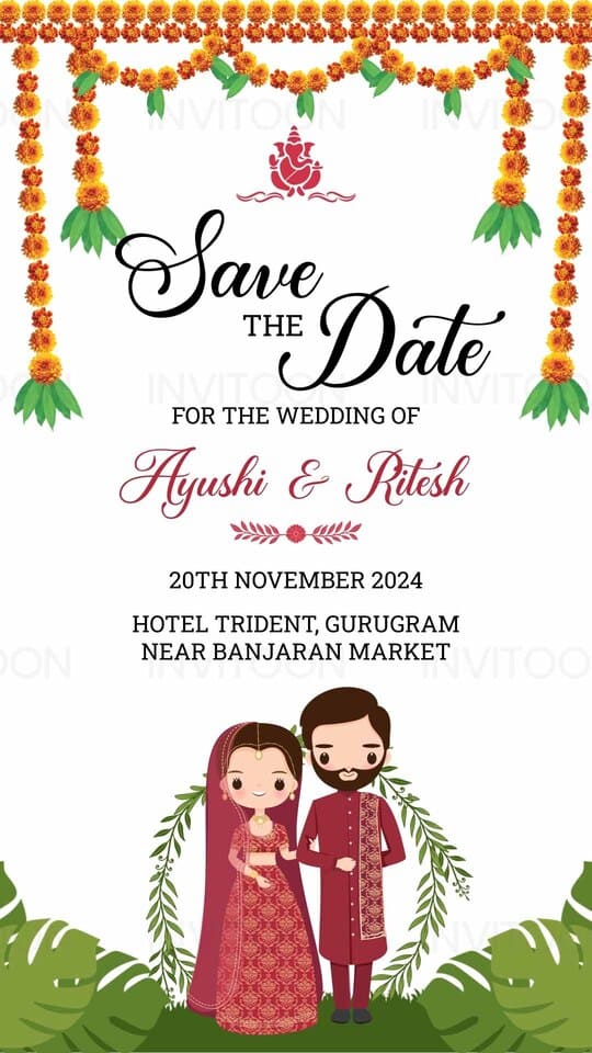 Save The Date Video Invite | Caricature & Garlands Theme, Design No 1025