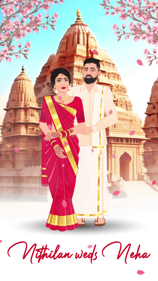 Hindu Temple Theme Wedding Video Invitation | Caricature Style, Design No 1055