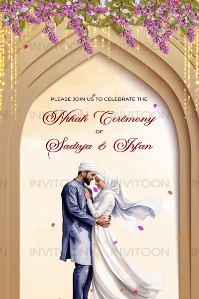 Muslim Couple Caricature Wedding Video Invitation | Unique Digital Invite, Design No 1045