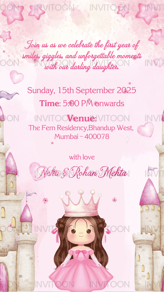 First Birthday Castle Theme Watercolor Video Invitation | Magical & Unique, Design No 1077
