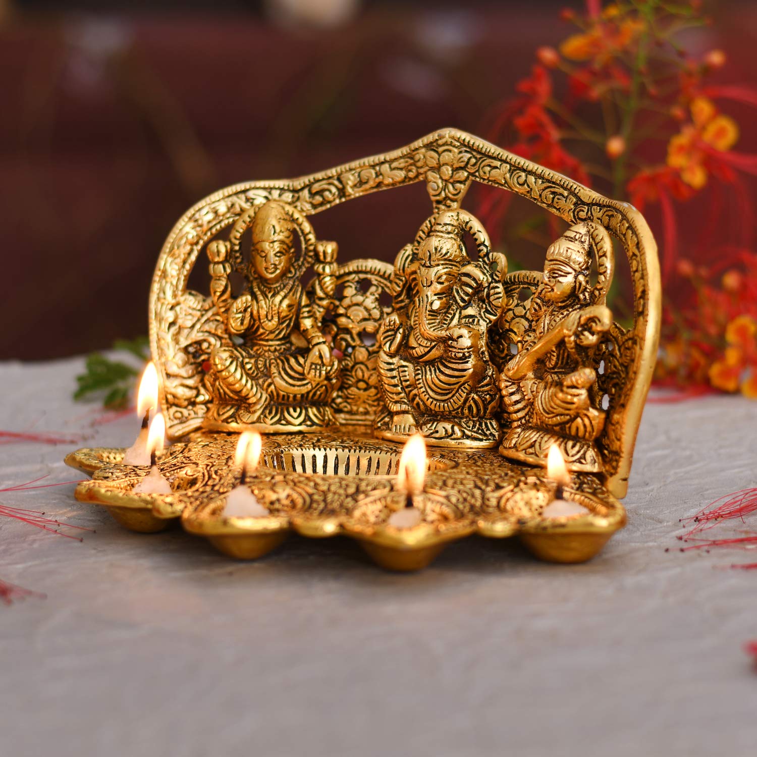 Brass Diya with Lakshmi, Ganesh & Saraswati Idols