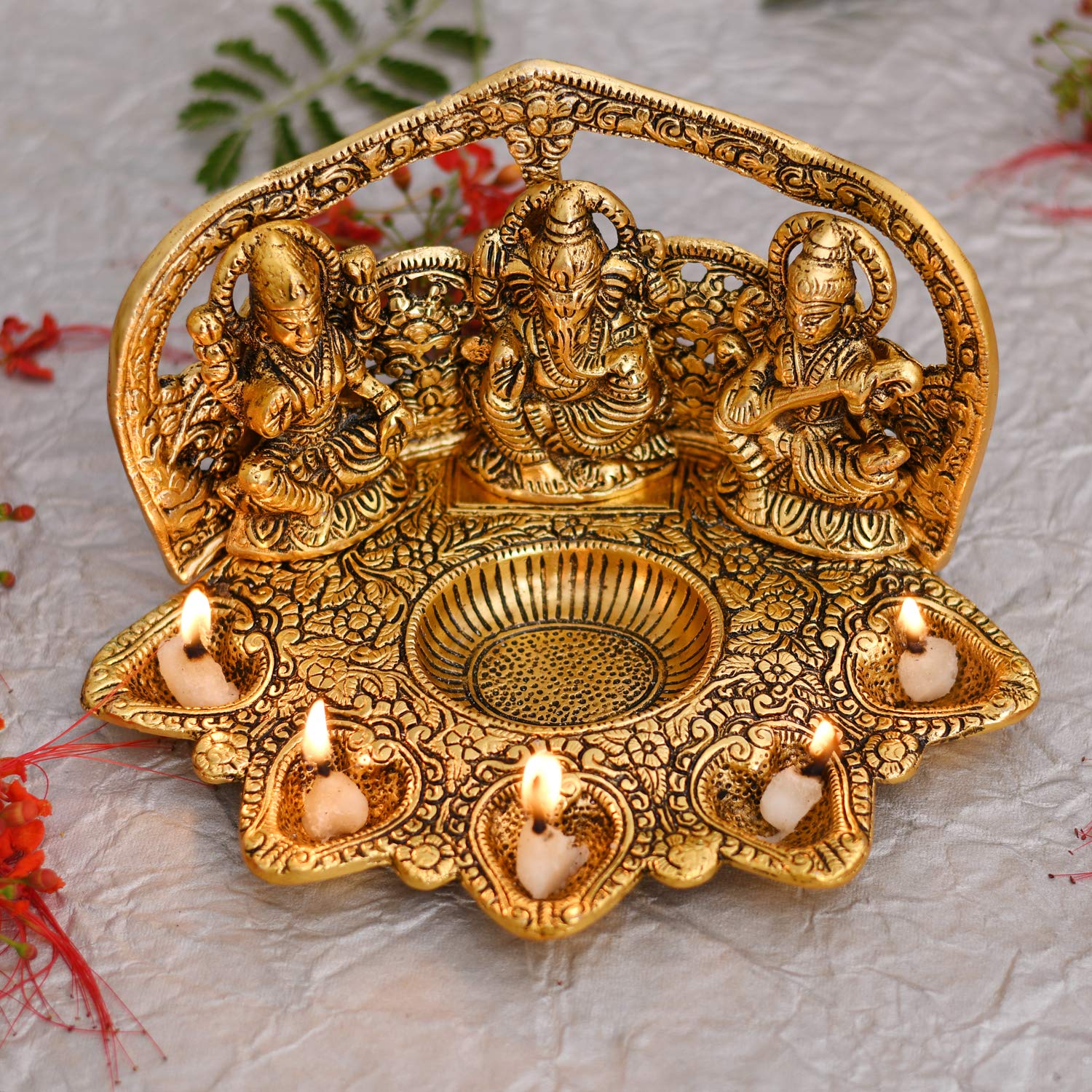 Brass Diya with Lakshmi, Ganesh & Saraswati Idols