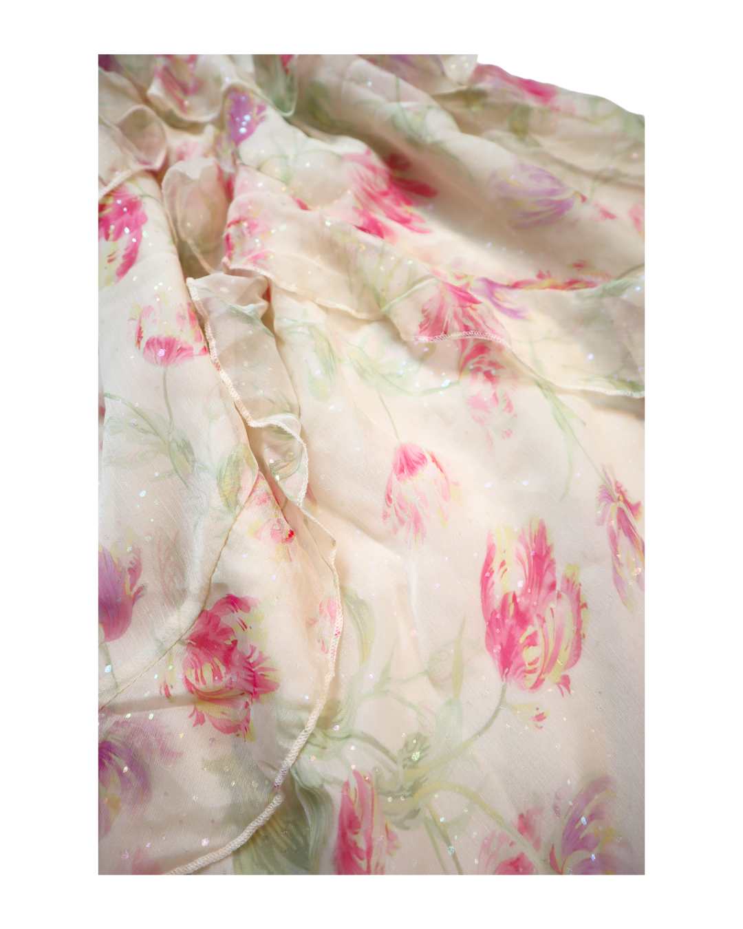 Y2K Sparkly Soft White And Pink Floral Ruffle Dress