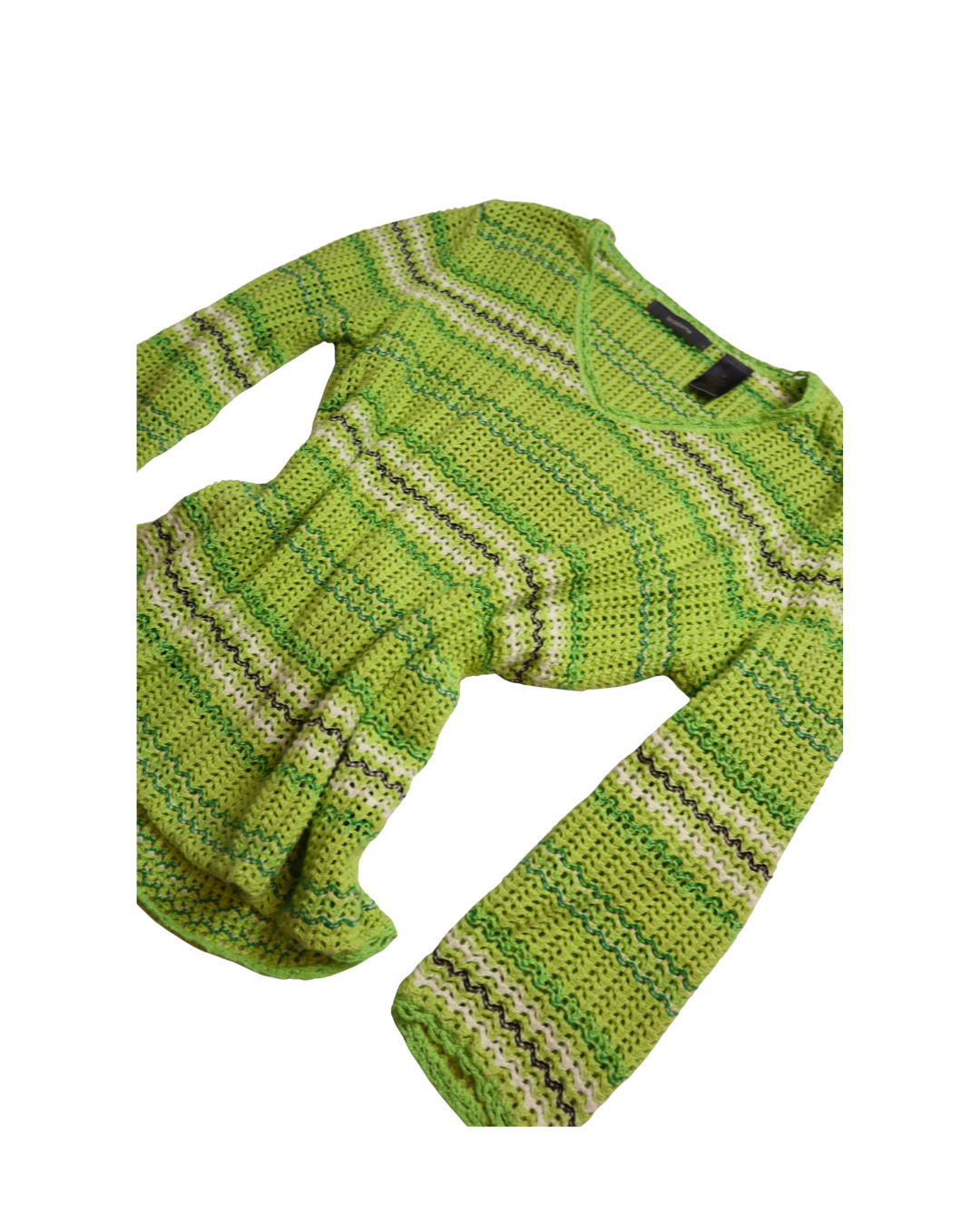 Green Striped Knit/Crochet Sweater Top 