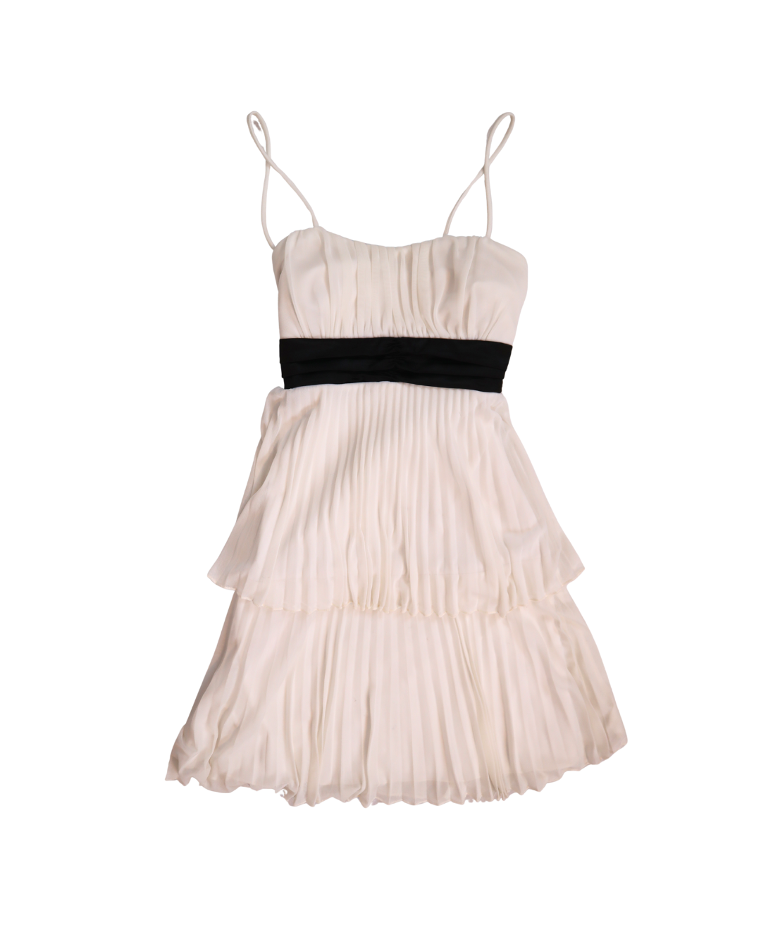 White Pleated Layered Dress With Black Tie Back