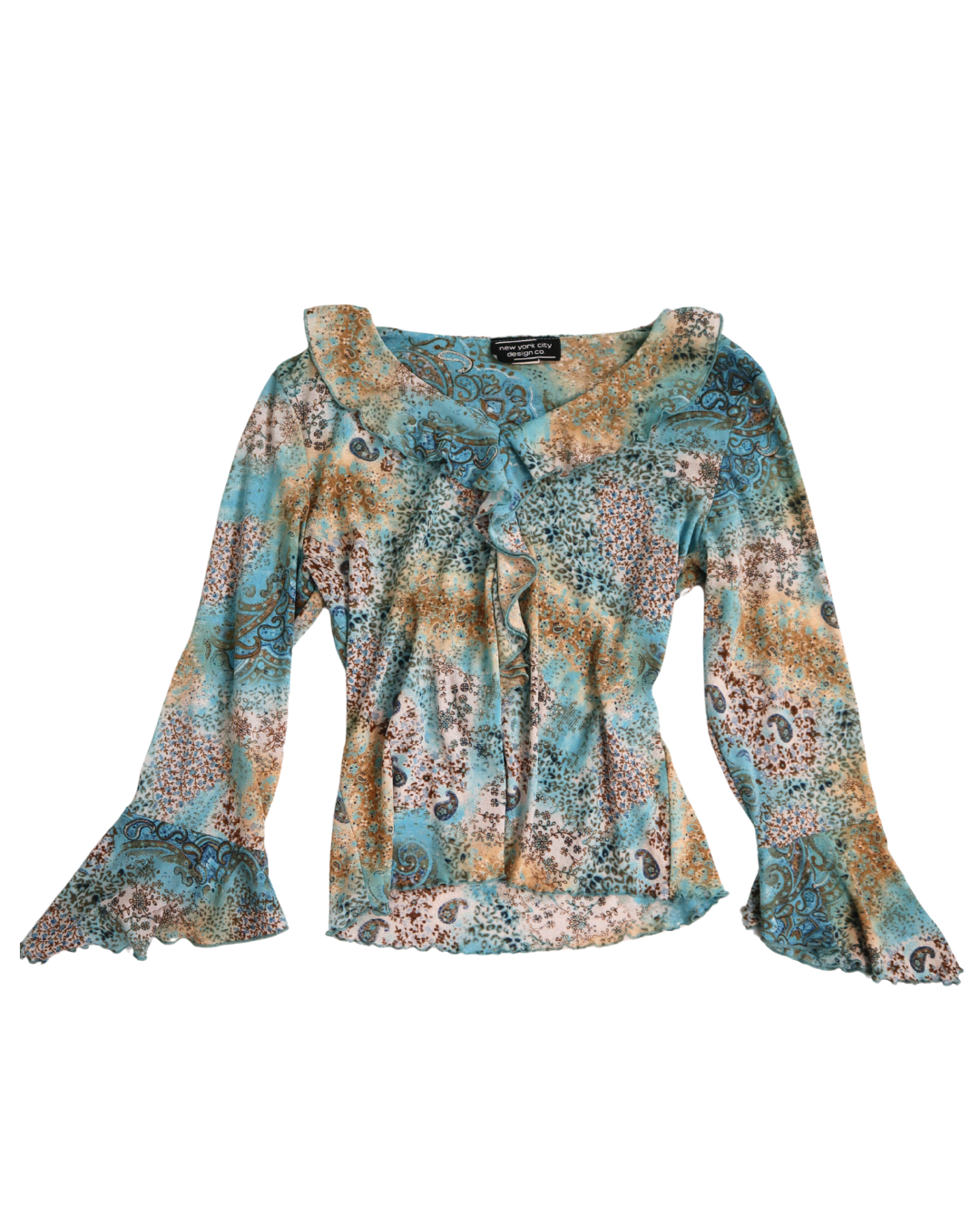 Blue And Brown Ruffle Flared Sleeve Top