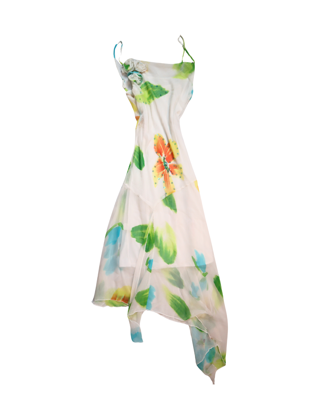 Y2K White And Floral Sequin Embellished Dress