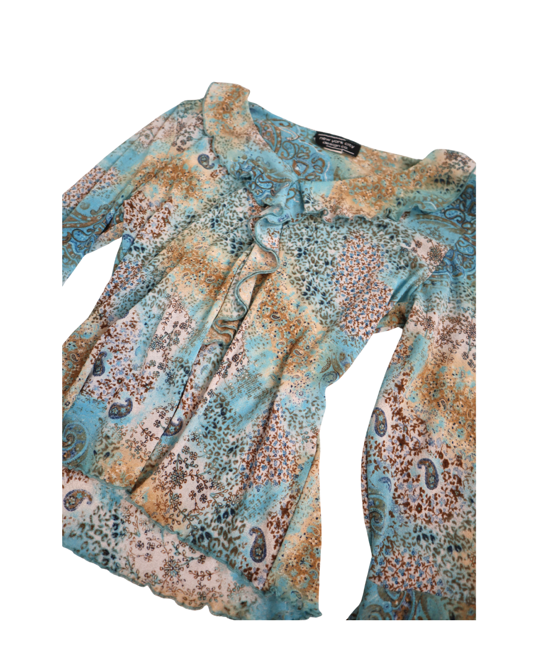 Blue And Brown Ruffle Flared Sleeve Top