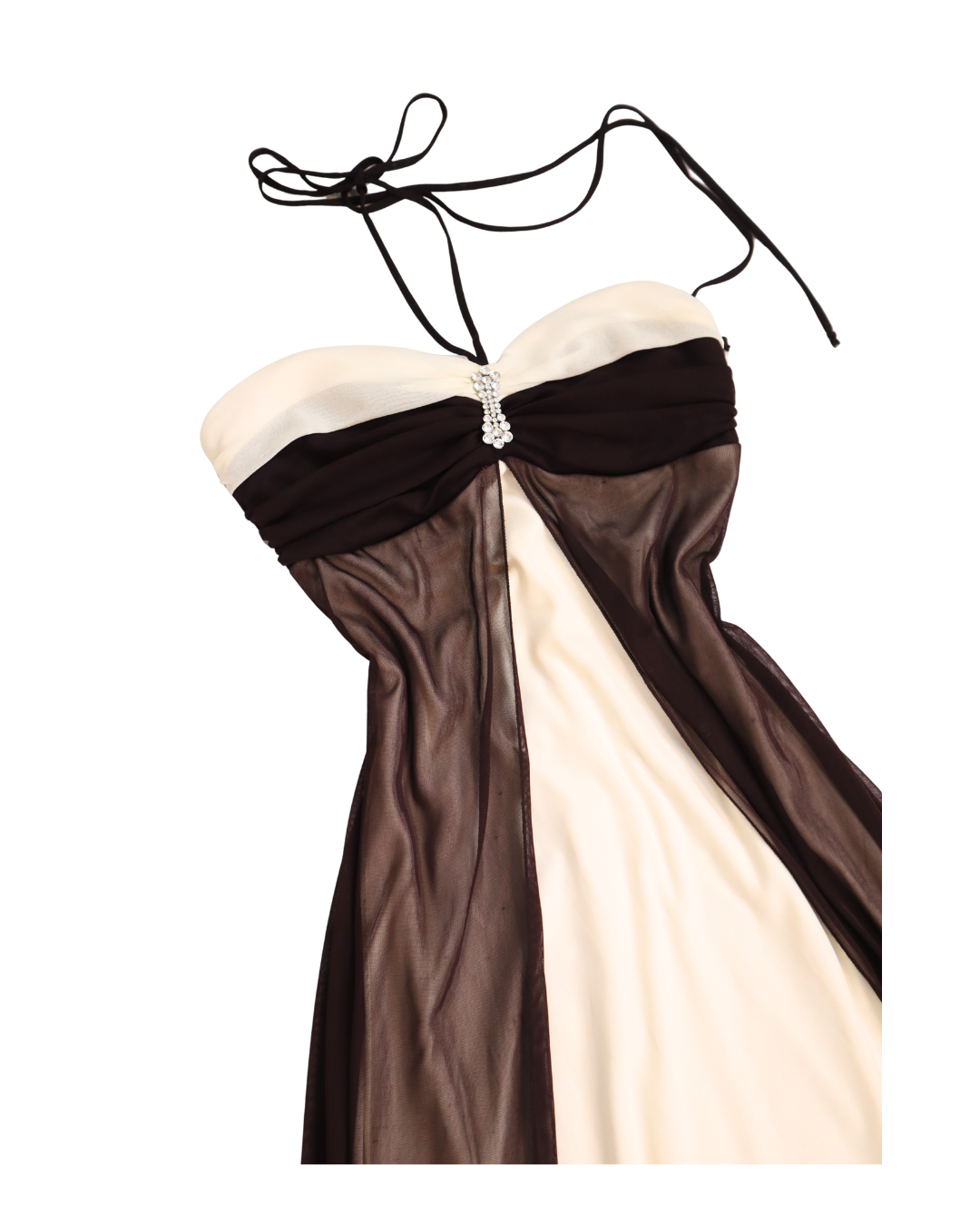 Y2K Brown And Cream Split Color Tie Halter Neck Dress