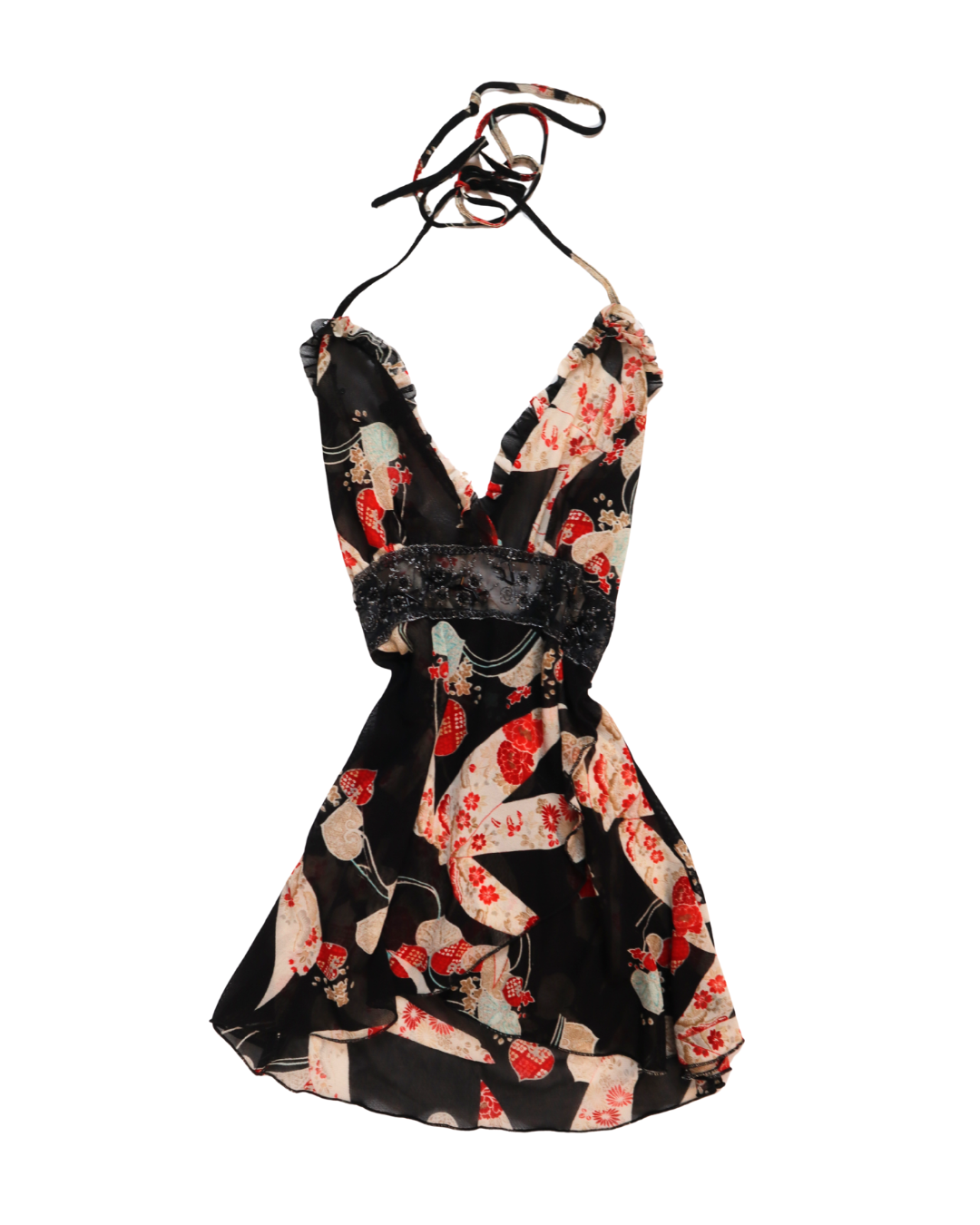 RARE Y2K Black And Red Sheer Embellished Halter Neck Top