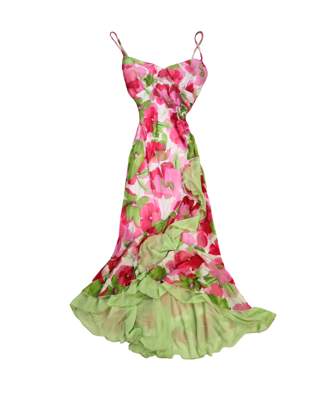 Y2K Pink And Green Floral Ruffle Bottom Dress
