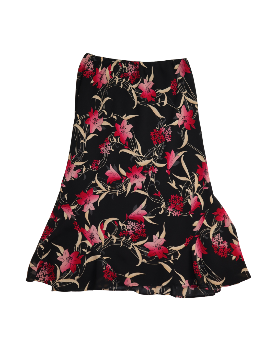 Black and Pink Floral Midi Skirt 