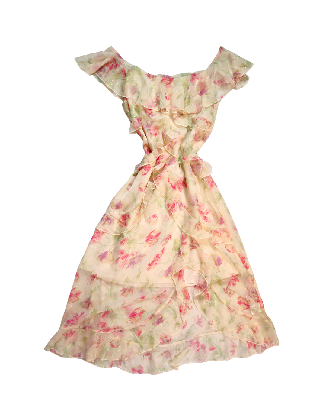 Y2K Sparkly Soft White And Pink Floral Ruffle Dress
